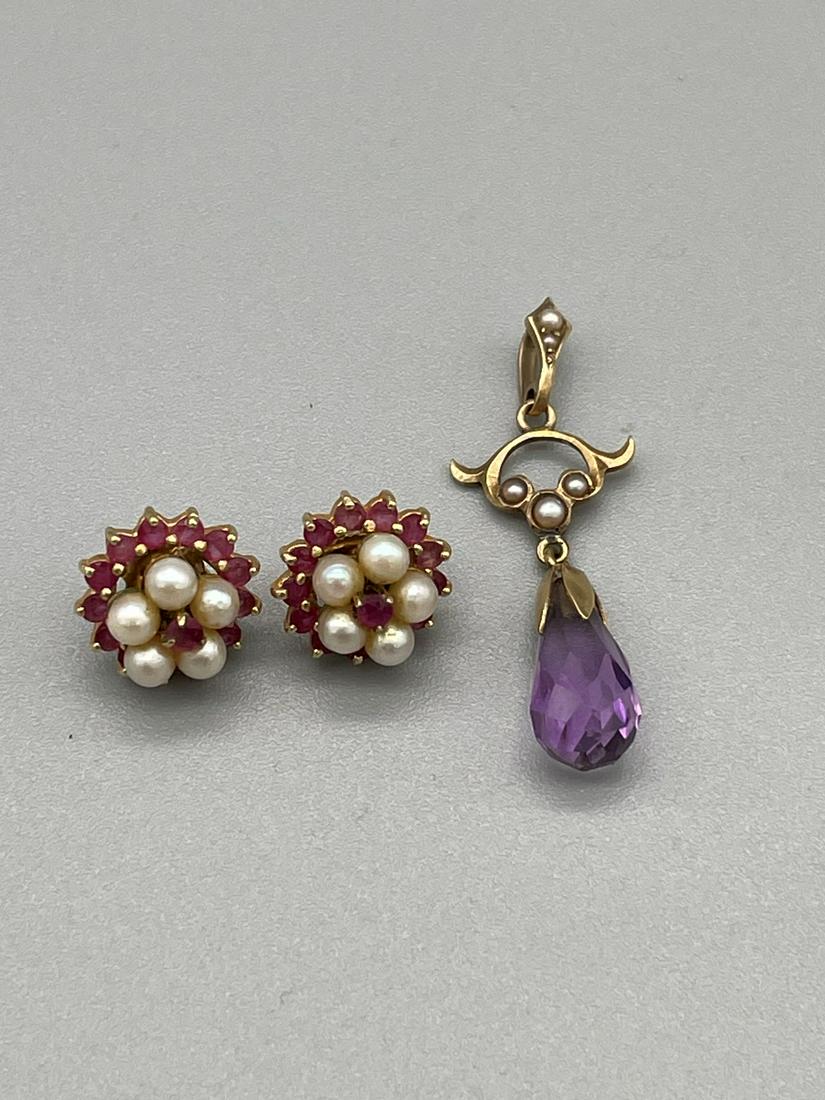 14k Gold Garnet and Seed Pearl Earrings With 14k Gold (1 of 3)