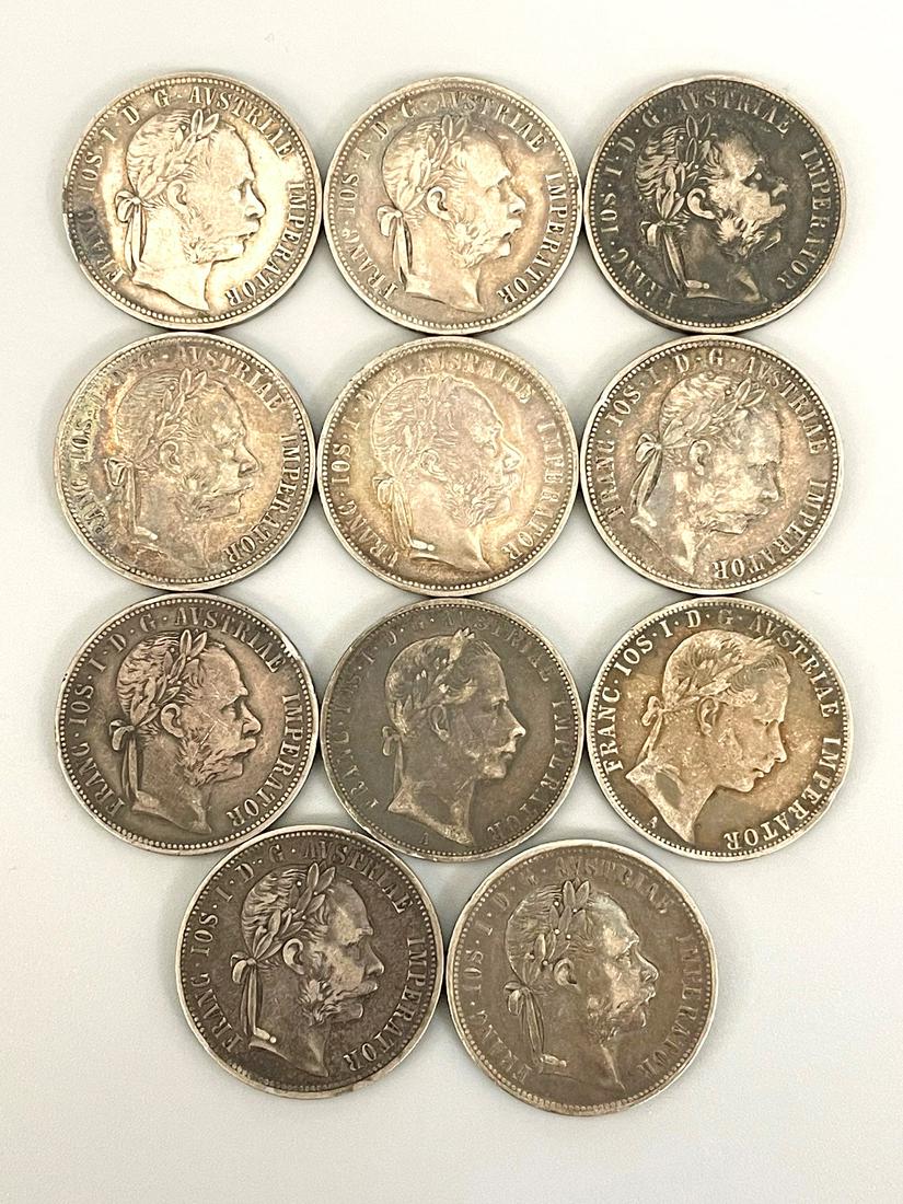 (11) Austria One Florin Franz Joseph Silver Coins: (11) Austria One Florin Franz Joseph Silver Coins: Includes the following. All 12.1 grams, 29.2mm. 1858, 1860, 1877, 1878, (2) 1879, 1881, 1883, 1887. 1888, 1891.