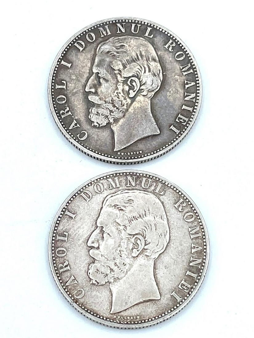 (2) 1880B Romania 5 Lei KM#12 Silver Coins (1 of 6)