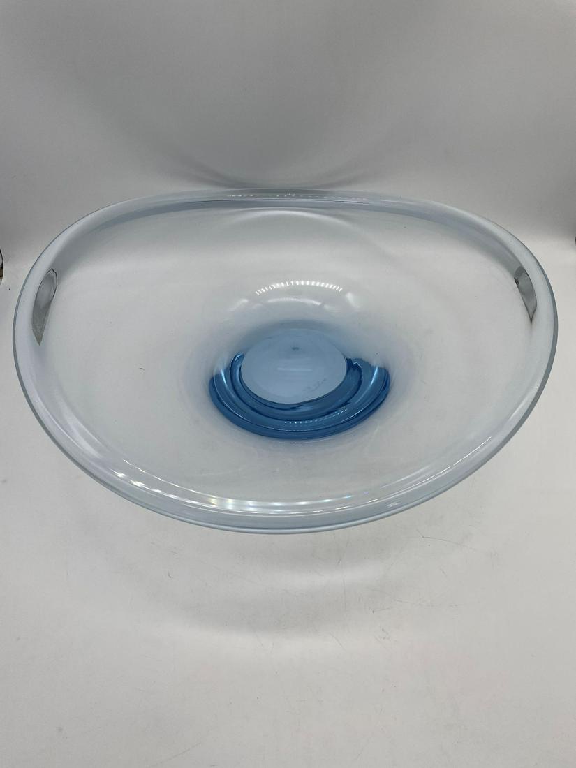 Holmegaard Danish Blue Art Glass Center Bowl: Holmegaard Danish Blue Art Glass Center Bowl: Measures 15" in diameter, signed on bottom. No chips or cracks.