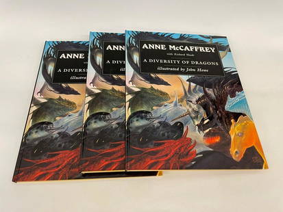 (3) Signed "A Diversity of Dragons" by Anne McCaffrey,: (3) Signed "A Diversity of Dragons" by Anne McCaffrey, Richard Woods, John Howe. Bookplate on each of the books signed by all three. From 1997.