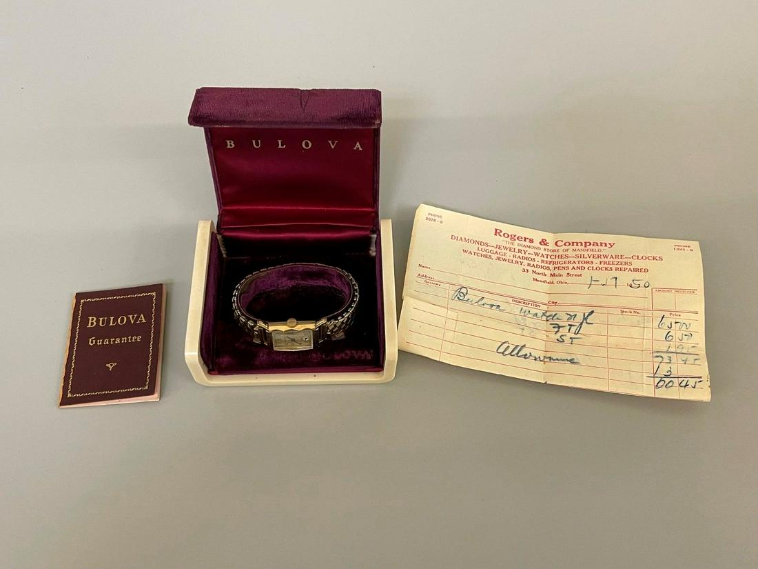 14k Gold Filled Bulova Wrist Watch With Original Case: 14k Gold Filled Bulova Wrist Watch With Original Case: Inscribed on reverse.