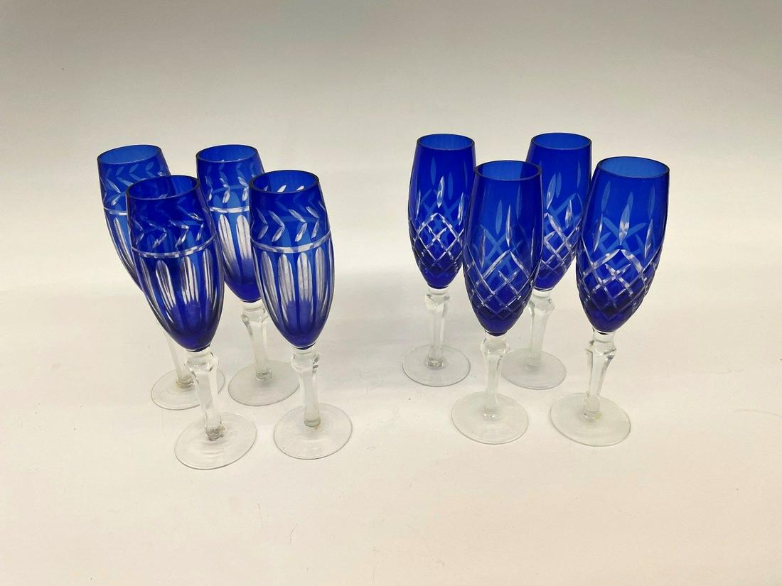 (8) Imperial Estate Crystal Champagne Glasses Cobalt Cut to Clear (1 of 3)