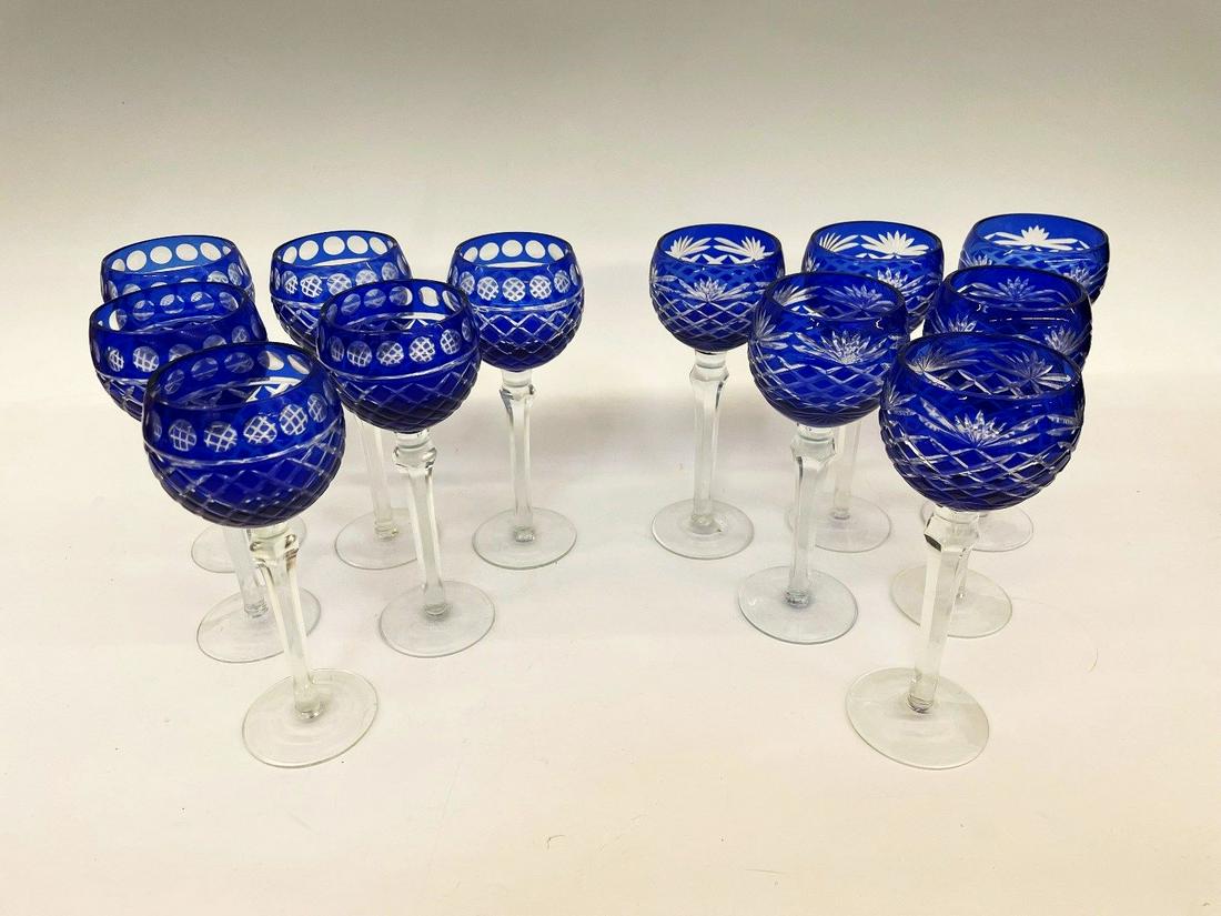 (12) Imperial Estate Crystal Wine Glasses Cobalt Cut to Clear: (12) Imperial Estate Crystal Wine Glasses Cobalt Cut to Clear: 2 different patterns. No condition issues