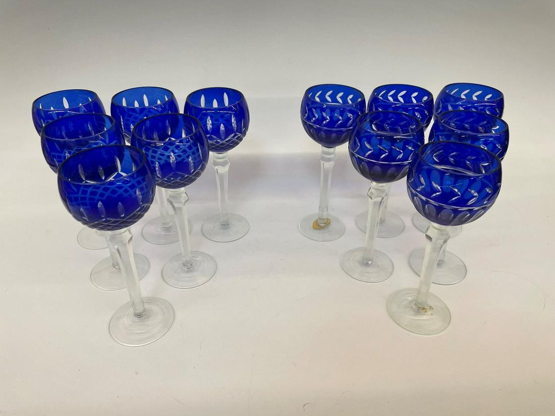(12) Imperial Estate Crystal Wine Glasses Cobalt Cut to Clear: (12) Imperial Estate Crystal Wine Glasses Cobalt Cut to Clear: 2 different patterns. No condition issues