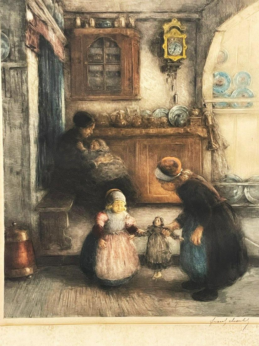 Frantz Charlet (Belgian 1862-1928) Hand Colored Etching: Frantz Charlet (Belgian 1862-1928) Hand Colored Etching: With watermark stamp. Toned and glue residue on edges. Measures 23.25" x 30".