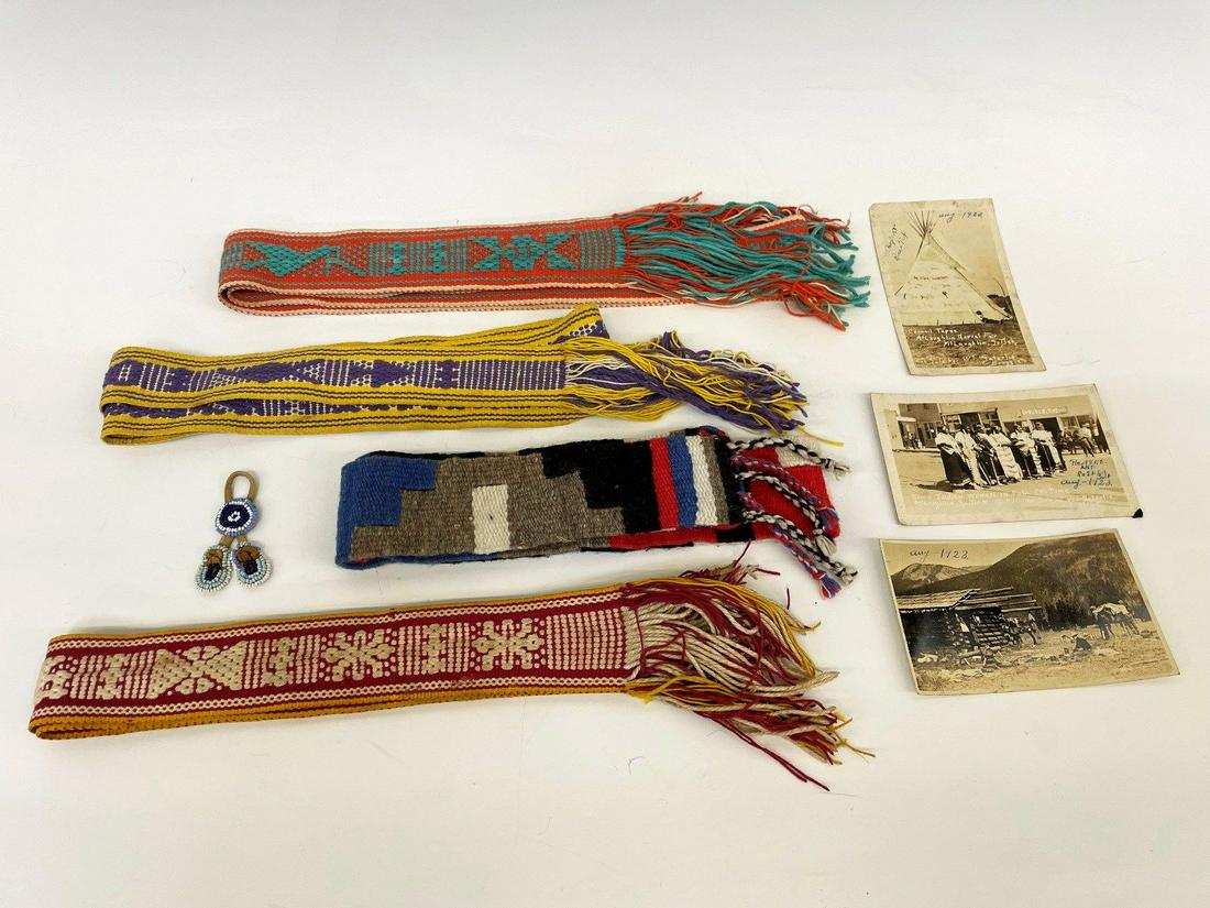 (4) Sash Belts, (3) Native American Real Photo Post Cards, (1) Beaded Piece (1 of 6)