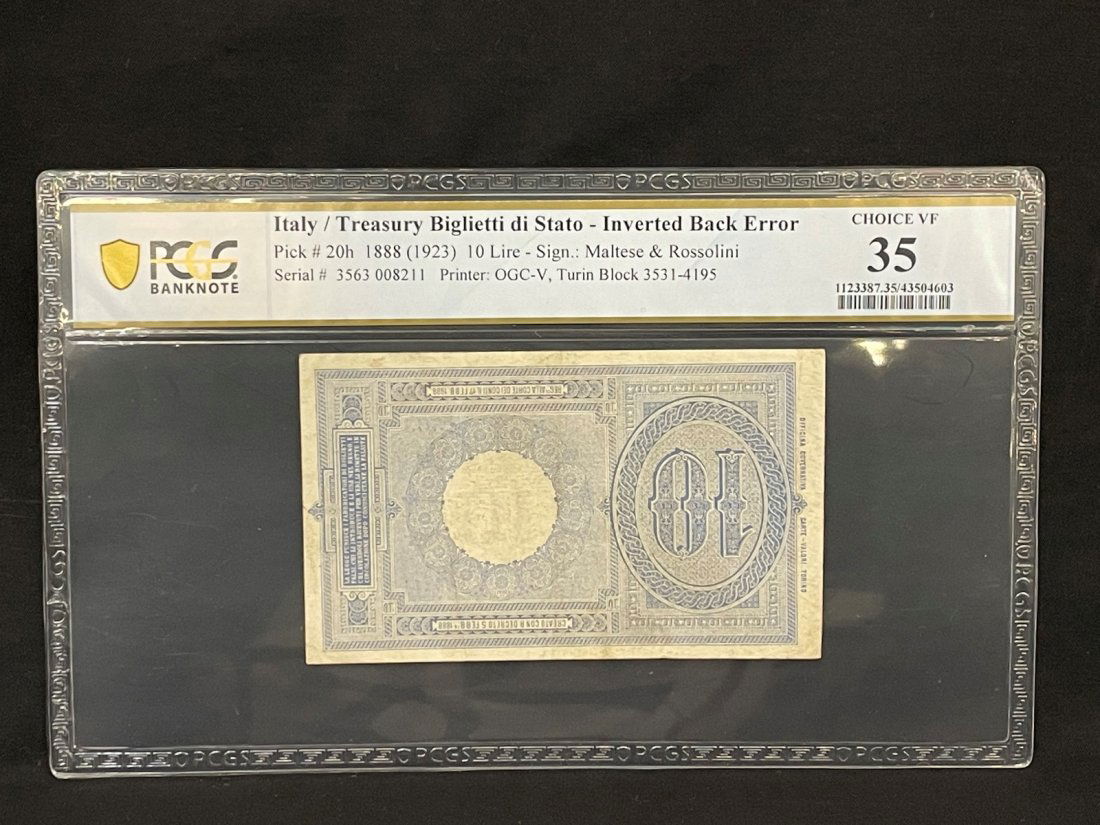 1923 Italy Ten Lire Note Inverted Back Error PCGS VF35 Pick #20h (1 of 3)