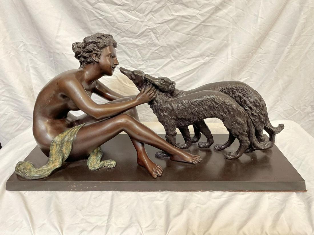 After Rossi Bronze Female With 2 Dogs: After Rossi Bronze Female With 2 Dogs: Measures 27.5 x 9", 12.5" tall. Signed lower right on base.