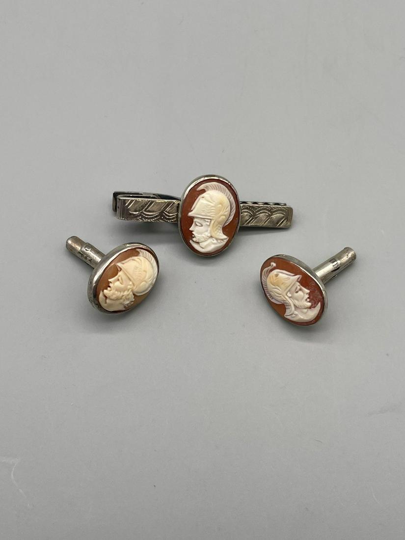 Sterling Silver Warrior God Cameo Tie Clip and Cufflinks (1 of 3)
