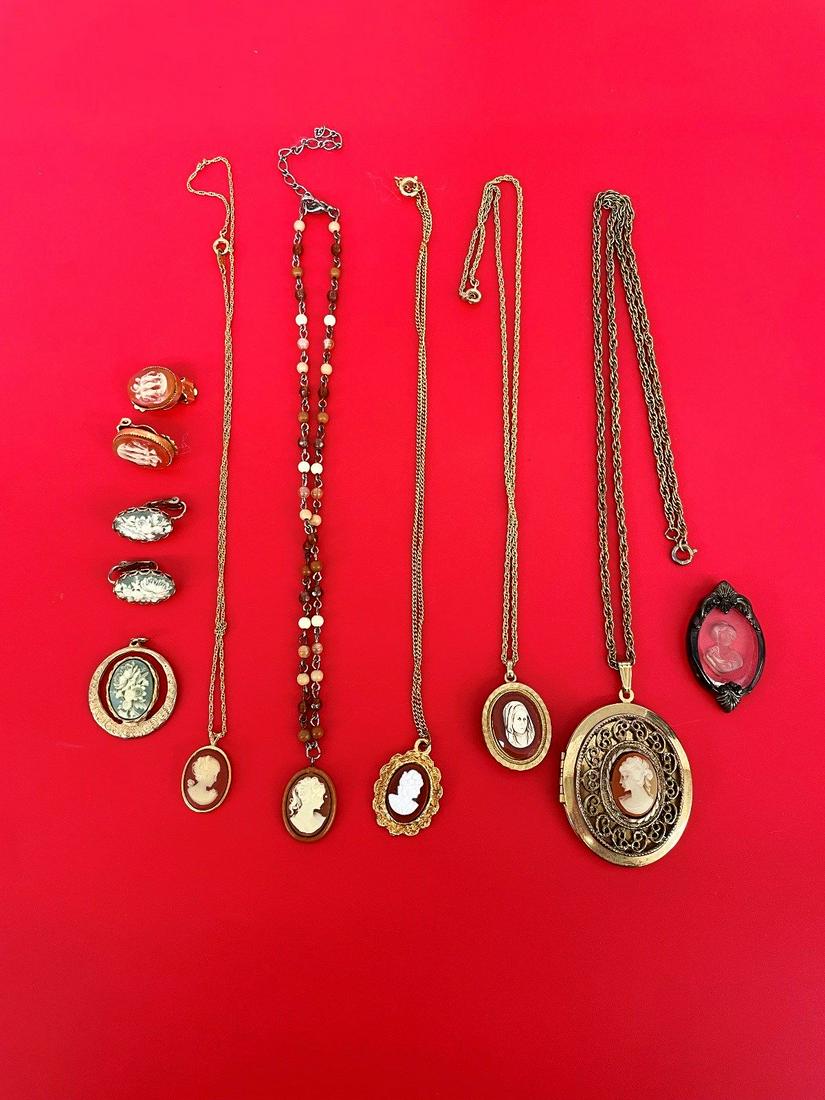 Group of Cameo Jewelry: Group of Cameo Jewelry: Includes (5) necklaces with cameo pendants. 2 pair earrings, 2 pendants, in gold and silver tone.