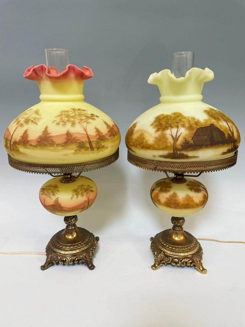 Pair Fenton Burmese Custard Table Lamps Hand Painted and Signed (1 of 7)