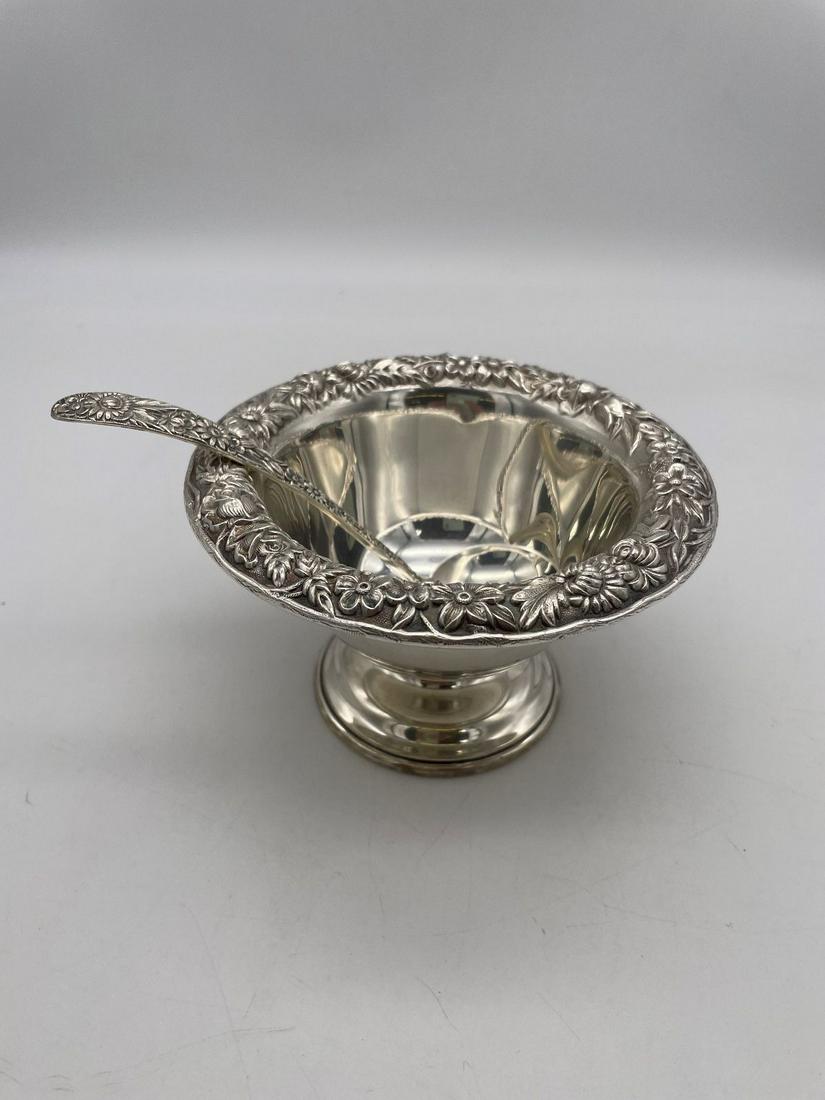 Kirk and Sons Sterling Silver Repousse Footed Condiment Dish and Spoon (1 of 5)