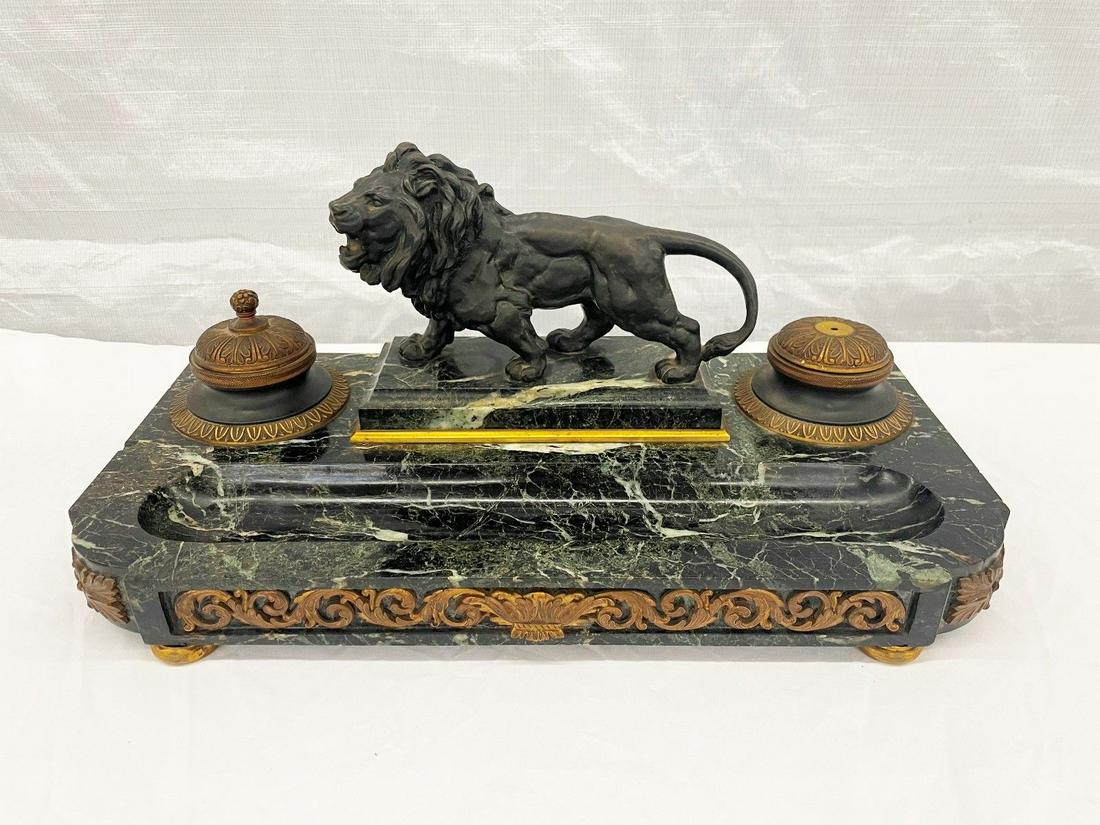 Double Inkwell With Center Lion Bronze on Marble Base (1 of 9)