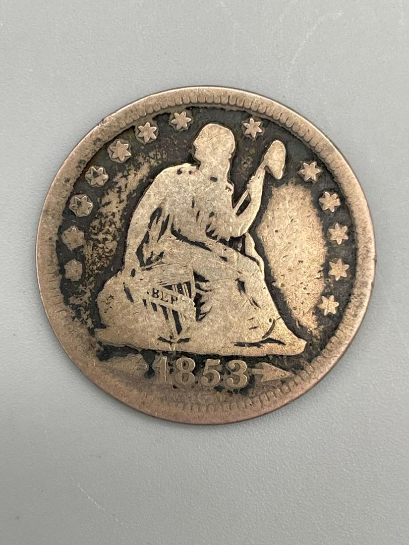 1853 United States 25 Cent Seated Liberty Coin: 1853 United States 25 Cent Seated Liberty Coin: Nice 25 cent coin. Raw and ready for grading