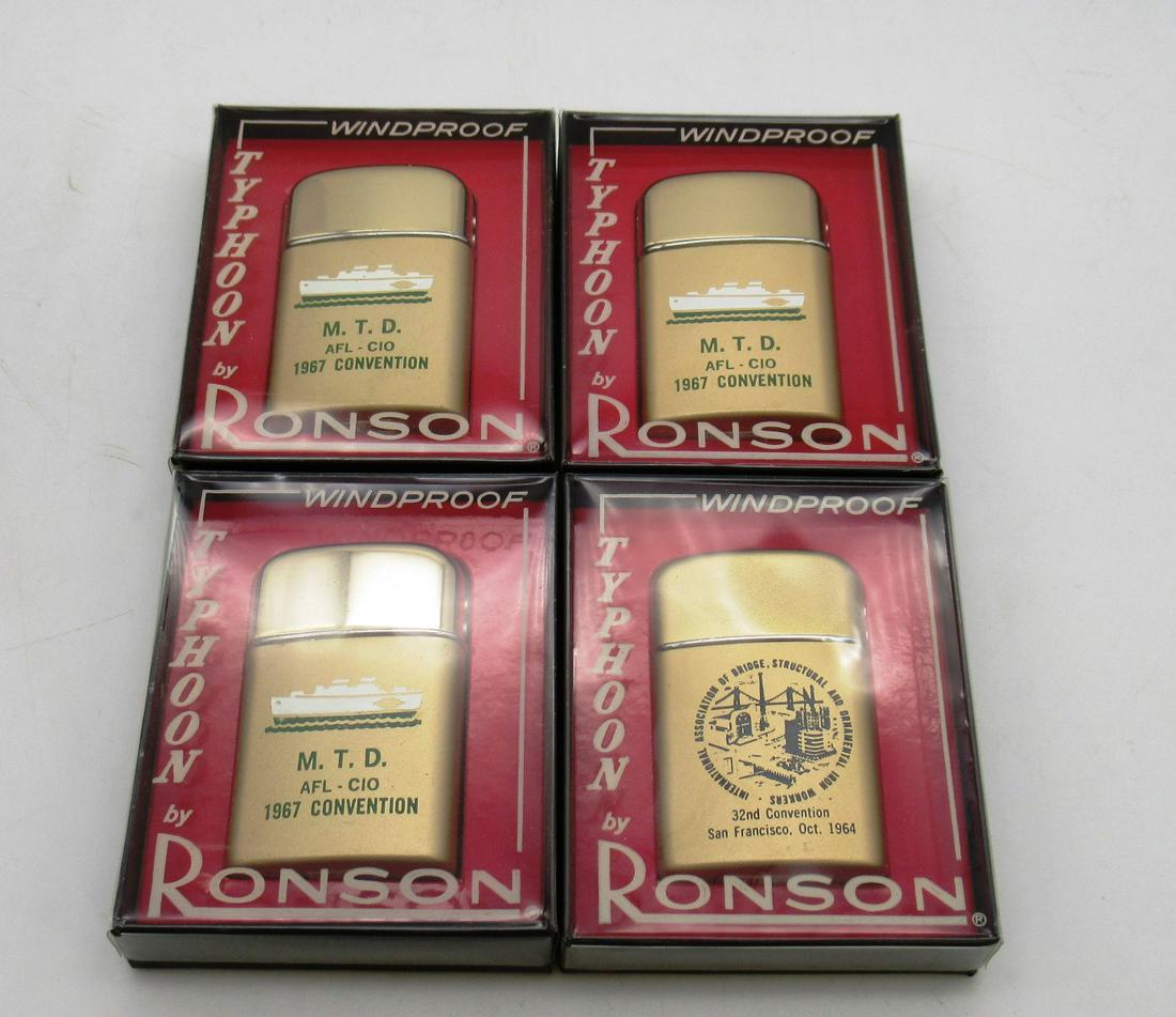 1960's Typhoon Lighters by Ronson: (4) 1960's Typhoon Lighters by Ronson. (1) Engraved Lighter 1964 32nd Convention International Association of Bridge, Structural and Ornamental Iron Workers. (3) engraved lighters M.T.D. AFL-C10 1967 