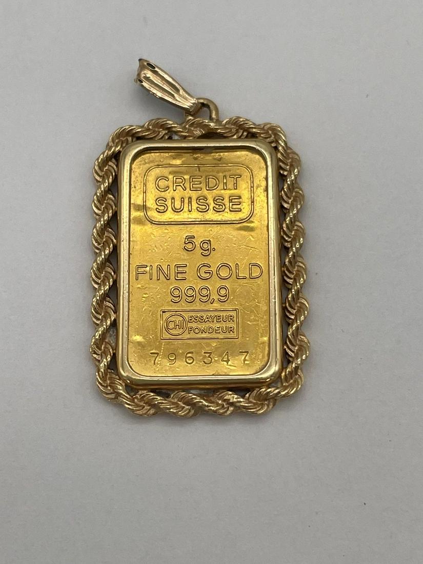 Credit Suisse 5 Gram .999 Buillon Gold Bar 24k With Rope Bezel (1 of 3)