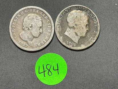 1808 Italy Kingdom of Napoleon, 1827 Sardinia 2 Lira Silver Coins (#484): 1808 Italy Kingdom of Napoleon, 1827 Sardinia 2 Lira Silver Coins (#484): Both .900 silver