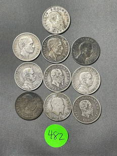 (10) Italy One Lira Silver Coins (#482): (10) Italy One Lira Silver Coins (#482): Includes (4)1863m, 1886, 1901, 1902, 1909, 1910, 1912. All .835 silver