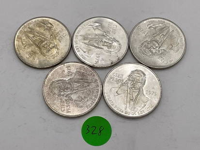 (5) 1979 Mexico 100 Pesos .720 Silver Coins Uncirculated (#328): (5) 1979 Mexico 100 Pesos .720 Silver Coins Uncirculated (#328): In uncirculated condition. .720 silver