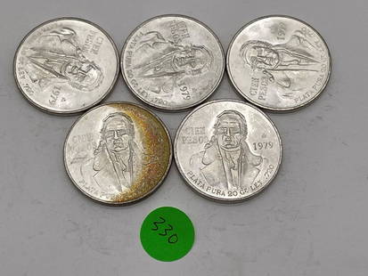(5) 1979 Mexico 100 Pesos .720 Silver Coins Uncirculated (#330): (5) 1979 Mexico 100 Pesos .720 Silver Coins Uncirculated (#330): In uncirculated condition. .720 silver