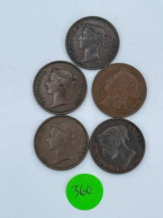 (5) Straits Settlement East India 1 Cent Coins (#360): (5) Straits Settlement East India 1 Cent Coins (#360): Queen Victoria. (4) 1845, (1) 1897. Very nice condition