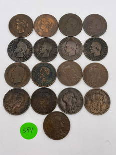 (17) France 10 Centimes Copper Coins (#384): (17) France 10 Centimes Copper Coins (#384): Includes 1855, (4) 1856, 1863, 1865, 1881, 1897, 1906, 1907, (3) 1916, 1917, 1921, one other.