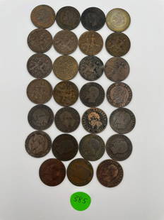 (27) France 5 Centimes Copper Coins (#385): (27) France 5 Centimes Copper Coins (#385): Includes (3) 1853, 1854, (5) 1855, 1857, (2) 1862, 1864, 1883, 1892, 1896, 1897, 1898, 1901, 1906, 1908, 1912, 1914, (2) 1916, 1917, 1920.
