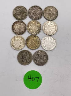 (10) Australia/New Zealand 3 Pence .500 Silver (#407): (10) Australia/New Zealand 3 Pence .500 Silver (#407): Includes Australia 1921, 1939, (2) 1942, (3) 1943. New Zealand includes 1939, (2)1943.