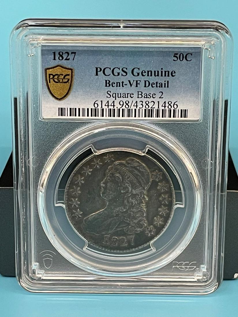 1827 50 Cent Capped Bust Square Base 2 PCGS Genuine VF Detail (1 of 4)
