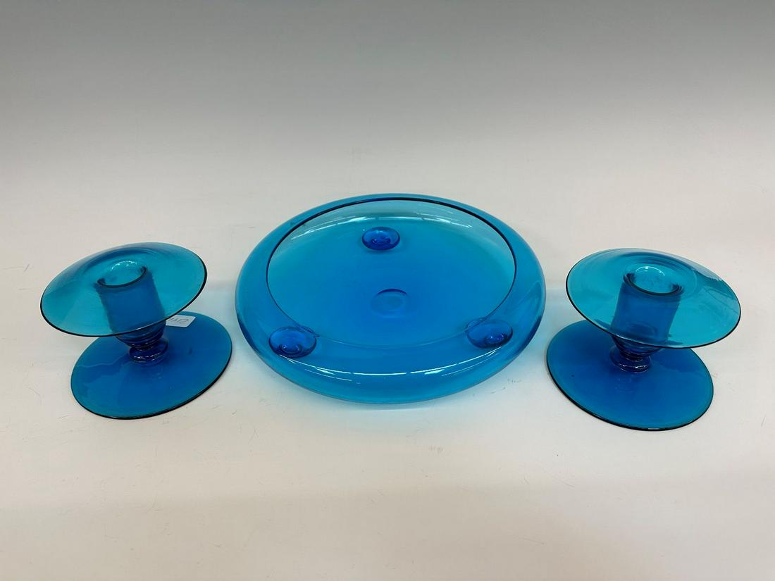 Steuben Blue Glass Console Set: Bowl and Candle Sticks (1 of 5)