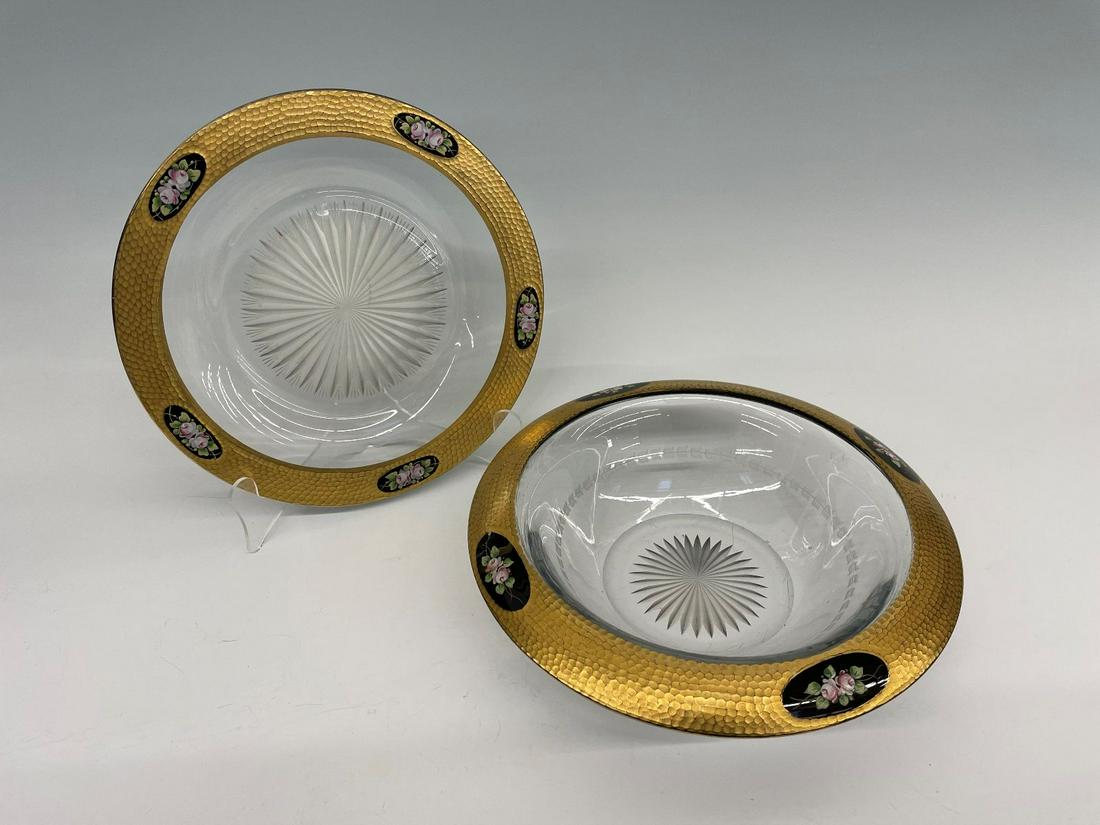 Bohemian Enamel Glass Charger and Center Bowl: Bohemian Enamel Glass Charger and Center Bowl: Plate measures 9.75" in diameter, bowl is 10.5" and 2.5" tall. Gold edge with enamel flowers accent. No condition issues