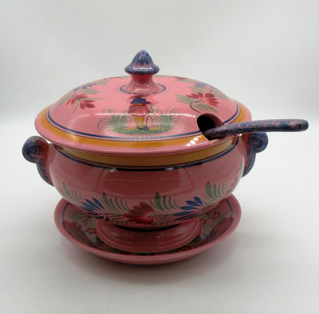 Quimper Faience Pink Lidded Soup Tureen with Under Plate and Ladle (1 of 13)
