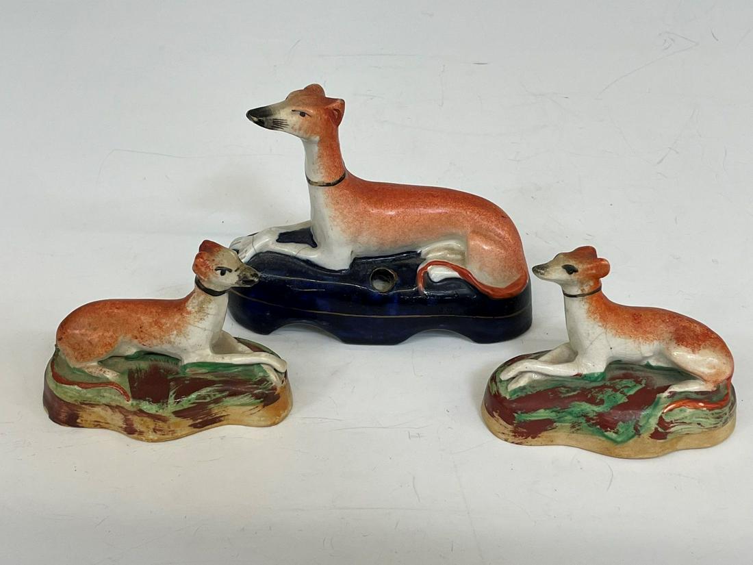 Vintage Staffordshire Greyhound Inkwell Pen holder and Figurines: Vintage Staffordshire Greyhound Inkwell Pen holder and Figurines: Inkwell measures 4.75" x 1.75". Crazing throughout. Circa 1900
