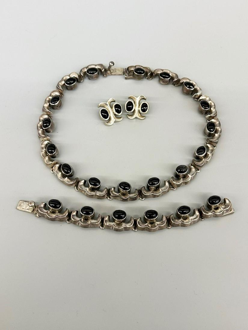 Taxco Mexican Sterling Silver Jewelry Suite Necklace, Bracelet, Earrings (1 of 3)