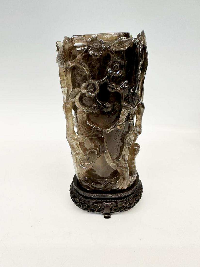 Chinese Carved Crystal Figural Floral Urn With Display Case (1 of 7)