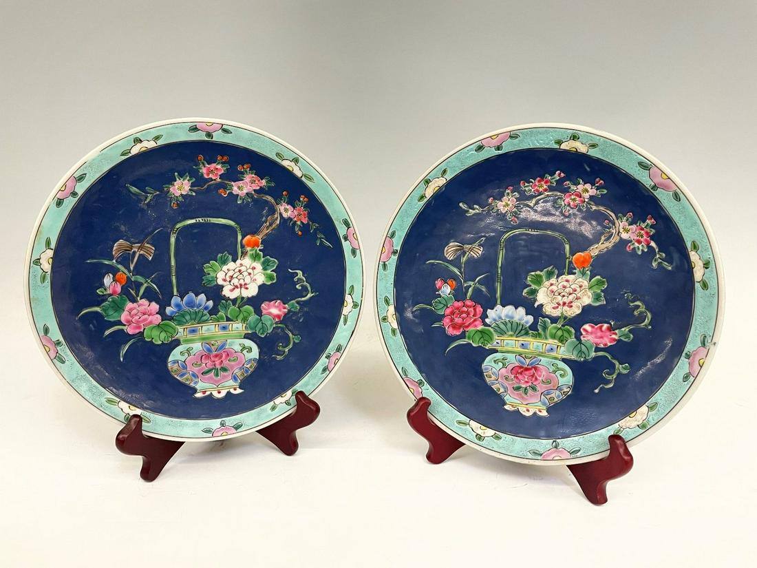 Pair of Antique Famille Rose Blue Plates (1 of 4)