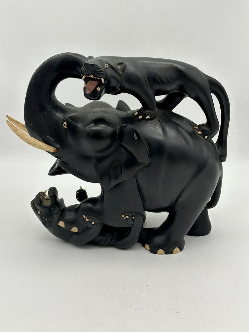 Ebony Carved Elephant With Attacking Lions (1 of 6)