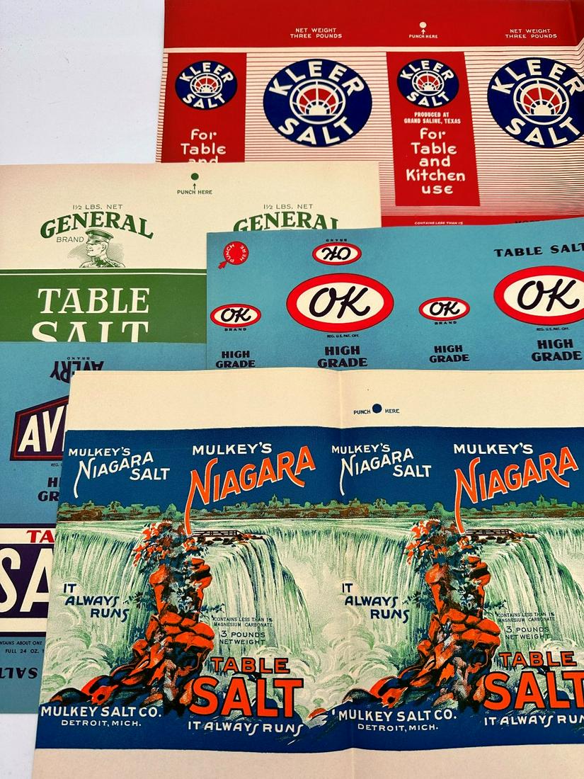 Rare Lot of (24) Vintage Advertising Salt Labels: Rare Lot of (24) Vintage Advertising Salt Labels from the 1930's and 1940's. Included are Mulkey's Niagra Table Salt, OK Table Salt, Kleer Salt, and Avery Table Salt. These advertising labels have vib