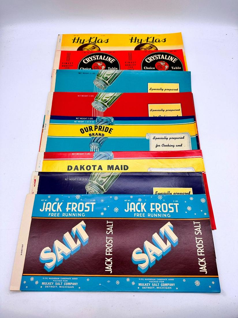 Rare Lot of (29) Vintage Advertising Salt Labels: Rare Lot of (29) Vintage Advertising Salt Labels includes Jack Frost (5), Val ley(6), Dakota Maid (7), White Gold (5), and Ideal Popcorn Salt (6). The advertising labels are from the 1940's and still
