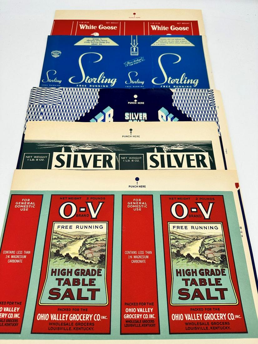 Rare Lot of (21) Vintage Advertising Salt Labels: Rare Lot of (21) Vintage Advertising Salt Labels includes O-V Brand (6), Silver Table Salt (7), Silver Salt (3), Sterling (4), and White Goose (4) labels. These advertising labels are from the 1930's