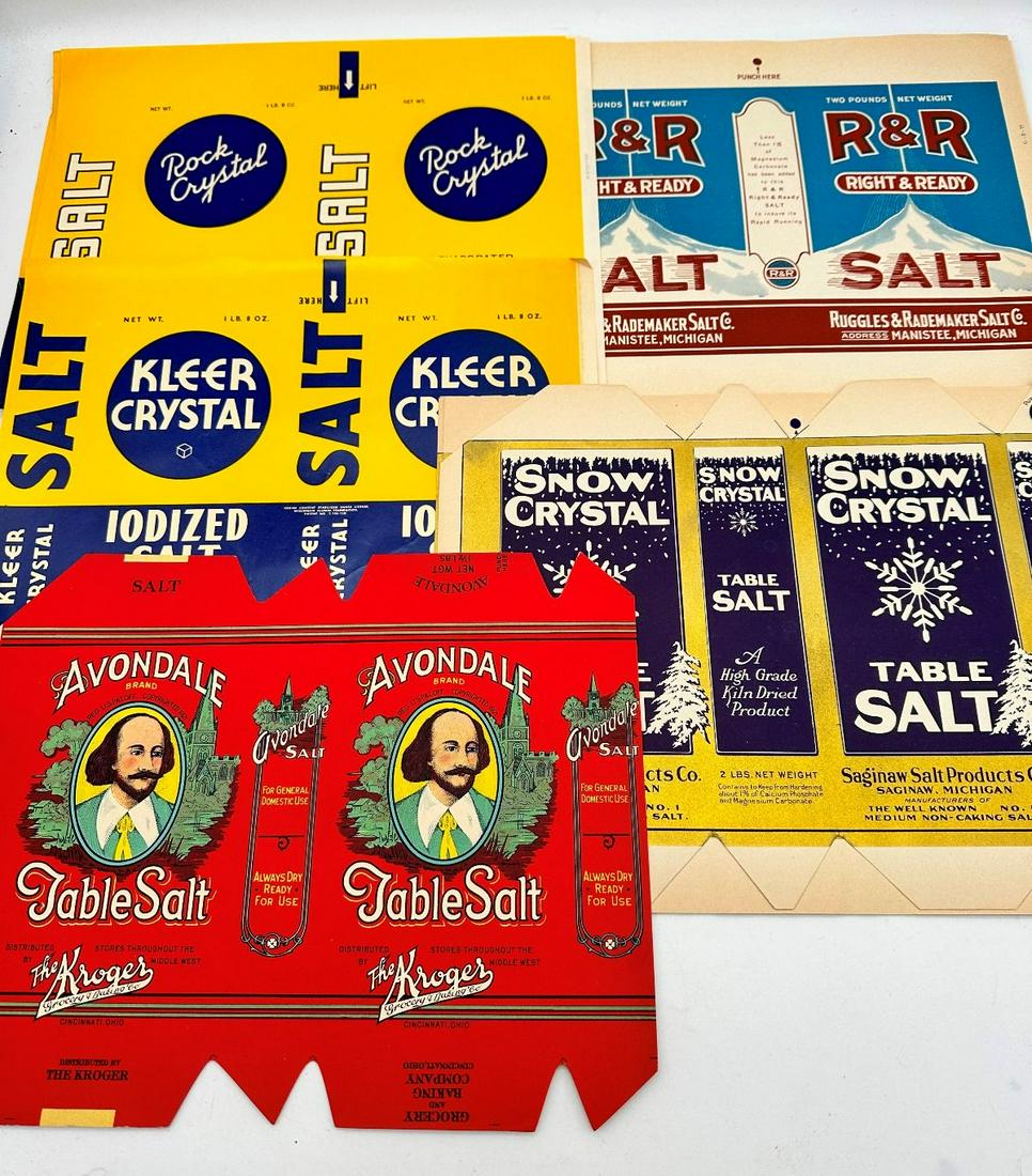Rare Lot of (21) Vintage Advertising Salt Labels: Rare Lot of (21) Vintage Advertising Salt Labels includes Avondale Table Salt, Snow Crystal, R&R Right & Ready Salt, Rock Crystal and Kleer Crystal Iodized Salt Labels. These labels are from the 1940'