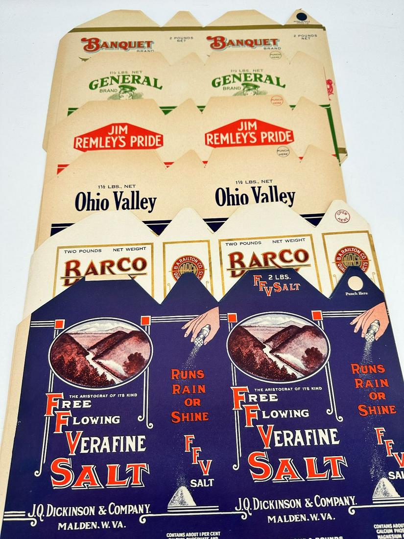 Rare Lot of (20) Vintage Advertising Salt Labels: Rare Lot of (20) Vintage Advertising Salt Labels includes Vera Fine Salt (4), Banquet Brand (3), Ohio Valley (6), Barco Brand (6), and General Brand (4). These advertising salt labels have rich, vibra