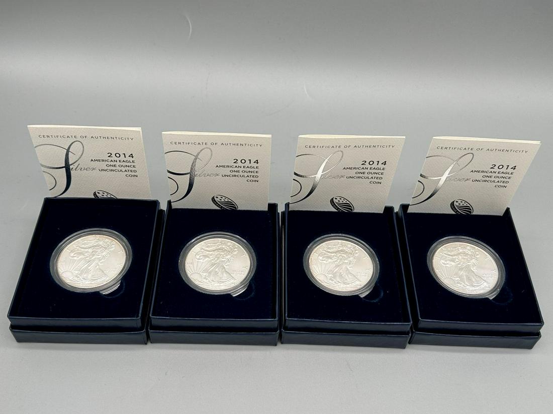 (4) 2014 Uncirculated American Silver Eagles in Boxes With COA's (1 of 4)