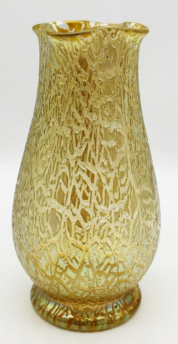 Art Nouveau Loetz Yellow/Gold Art Glass Vase: Art Nouveau Loetz Yellow/Gold Art Glass Vase: Crackle like finish, iridescence. Measures 7" tall. Ruffled top edge. No cracks, chips or repairs.