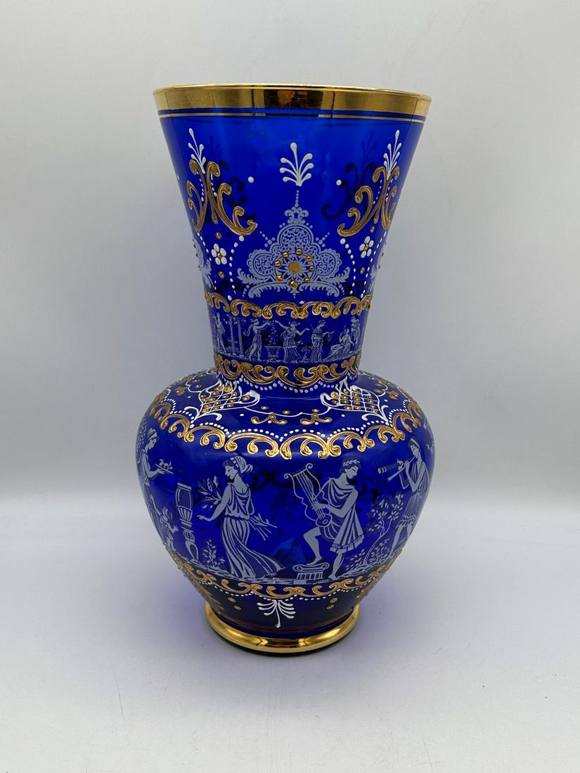Bohemian Czech Cobalt Hand Painted Gold Overlay Vase (1 of 3)