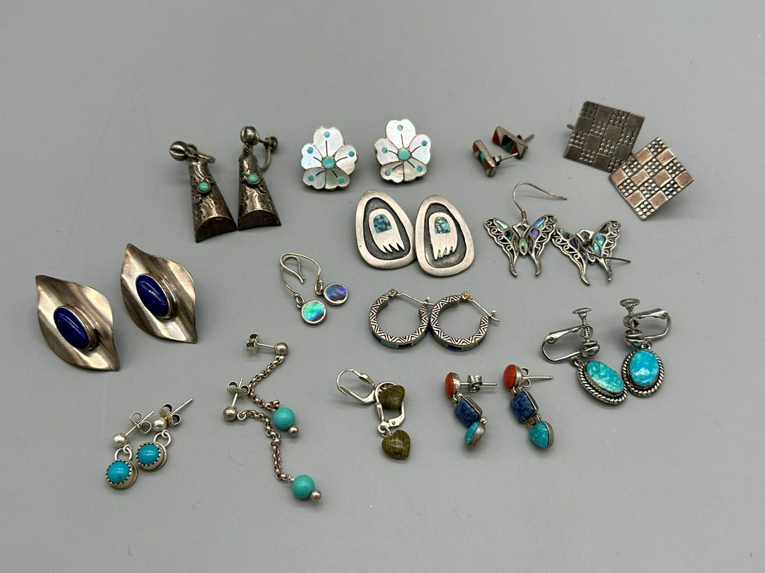 (14) Pairs of Sterling Silver Earrings: MOP, Turquoise, Others (1 of 5)