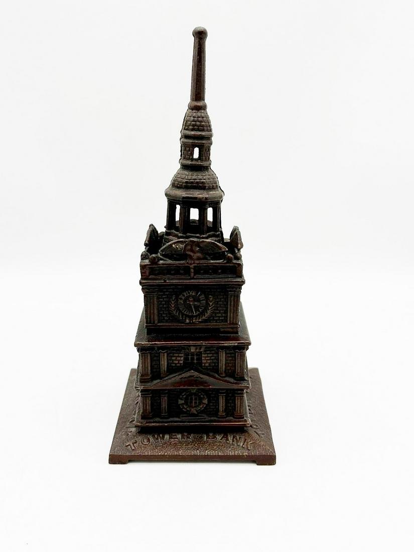 Cast Iron Still Bank "Tower Bank" by John Harper Ltd 1902-1911: Cast Iron Still Bank "Tower Bank" by John Harper Ltd 1902-1911: Measures 9.25" tall. Top has slight lean to it.