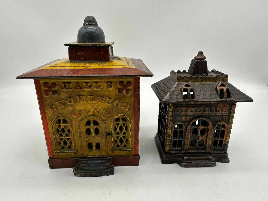 (2) Cast Iron Still Banks J.E. Stevens Hall's Excelsior Monkey Bank, State Bank (1 of 11)