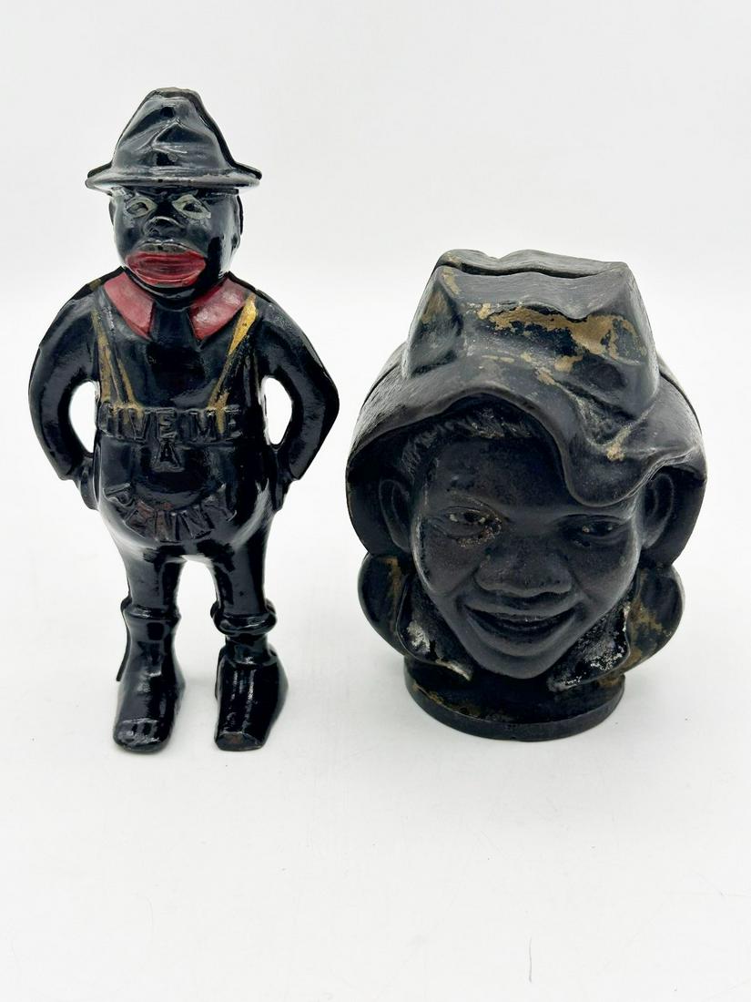 (2) Black Americana Cast Iron Still Banks: Give me a Penny, Double Face (1 of 9)